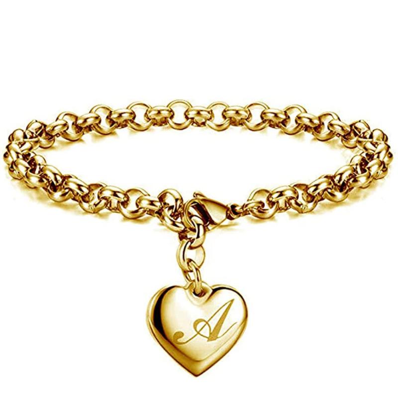 Alphabet Heart Charm Bracelet Stainless Steel Link Chain Engraved Letter