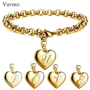 Alphabet Heart Charm Bracelet Stainless Steel Link Chain Engraved Letter