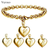 Alphabet Heart Charm Bracelet Stainless Steel Link Chain Engraved Letter
