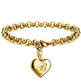 Alphabet Heart Charm Bracelet Stainless Steel Link Chain Engraved Letter