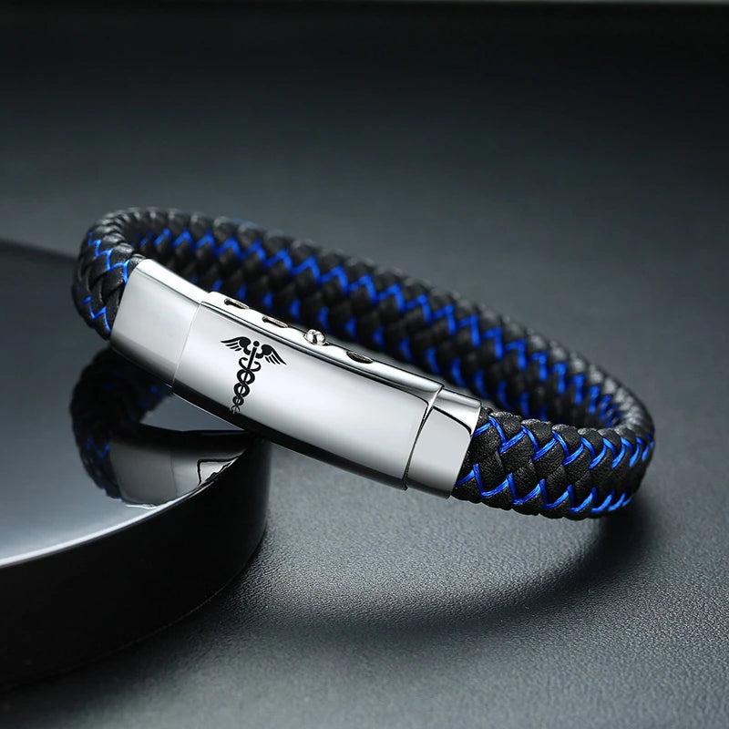 Custom Engraved Men's Medical Bracelet - Braided Leather ID Bangle