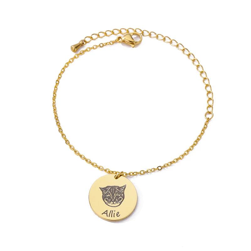 Pet Photo Name Bracelet Stainless Steel Engraved Coin Pendant