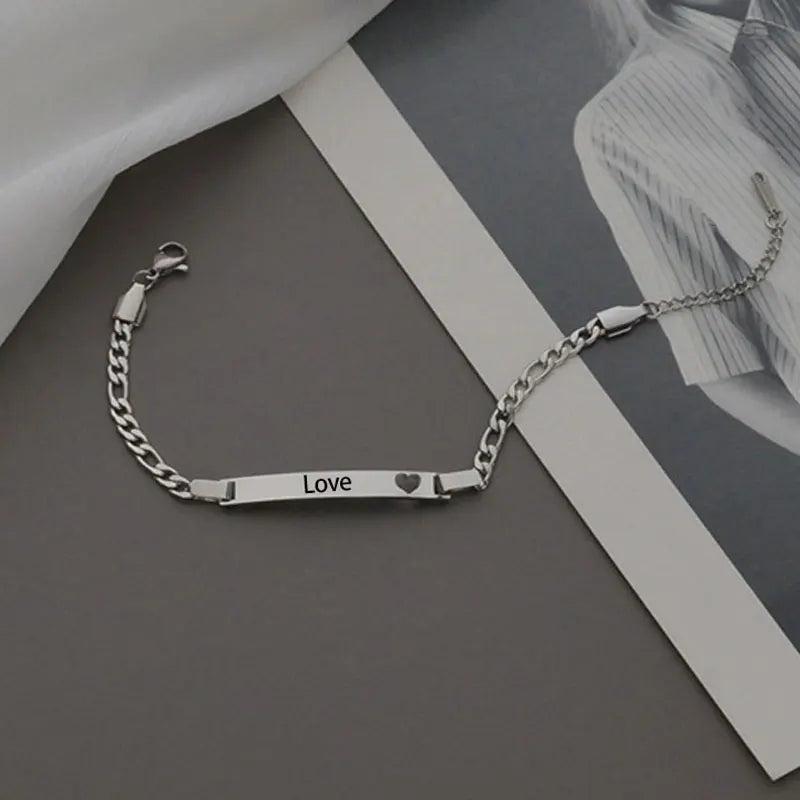 Personalized Stainless Steel Bracelets Engraved Heart Bar for Couples