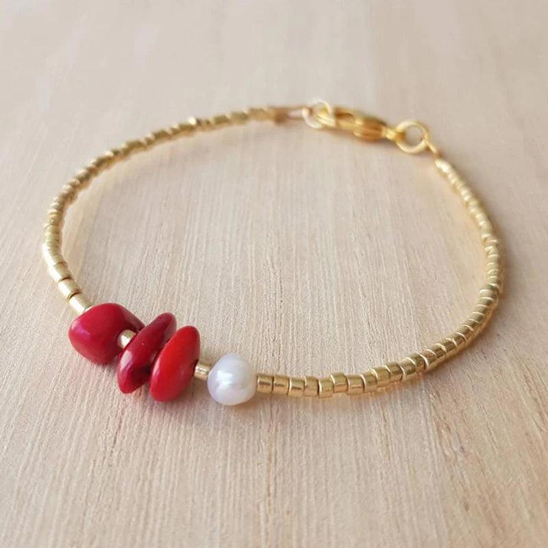 Gold Rice Beads Bracelet with Natural Stone Embellishment