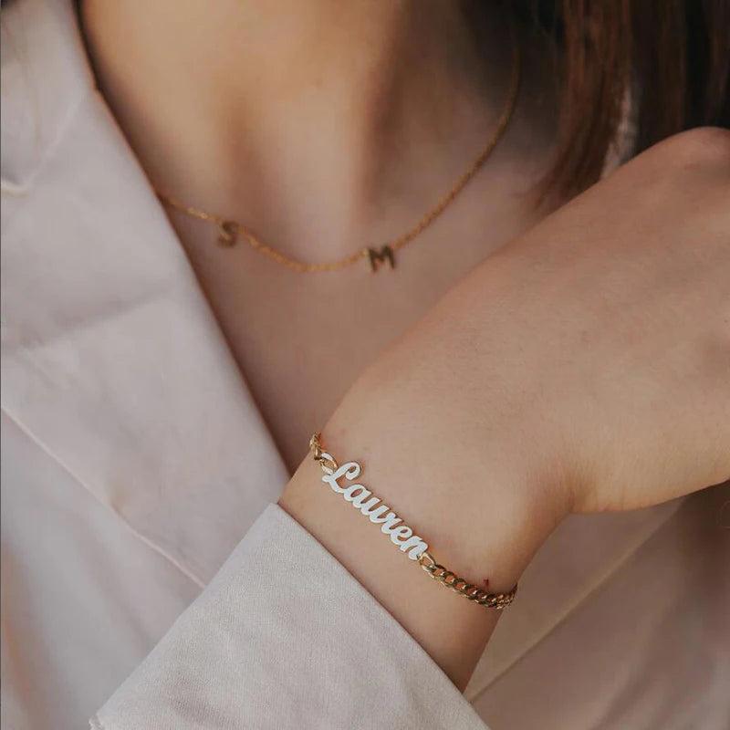 3MM Cuban Chain Name Bracelets Women - Stainless Steel Rose Personalized