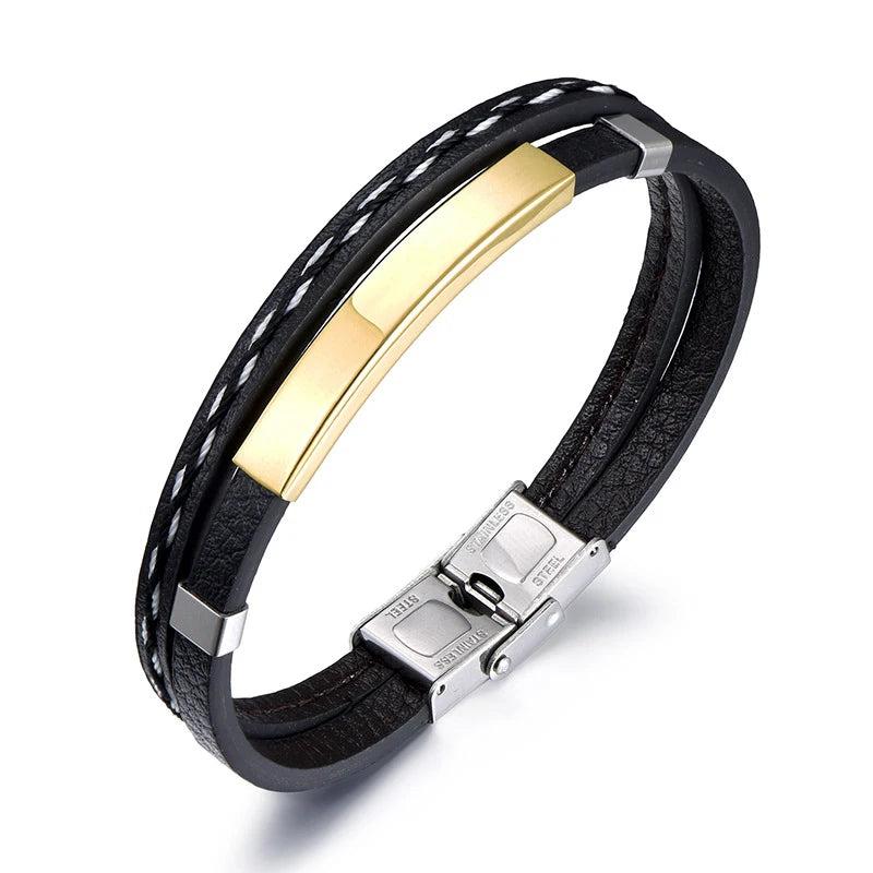 SHOUMAN Layer Leather Bracelet for Men Engrave Name Date Stainless Steel Bangle