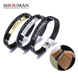 SHOUMAN Layer Leather Bracelet for Men Engrave Name Date Stainless Steel Bangle