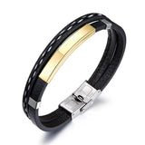 SHOUMAN Layer Leather Bracelet for Men Engrave Name Date Stainless Steel Bangle