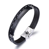 SHOUMAN Layer Leather Bracelet for Men Engrave Name Date Stainless Steel Bangle