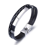 SHOUMAN Layer Leather Bracelet for Men Engrave Name Date Stainless Steel Bangle