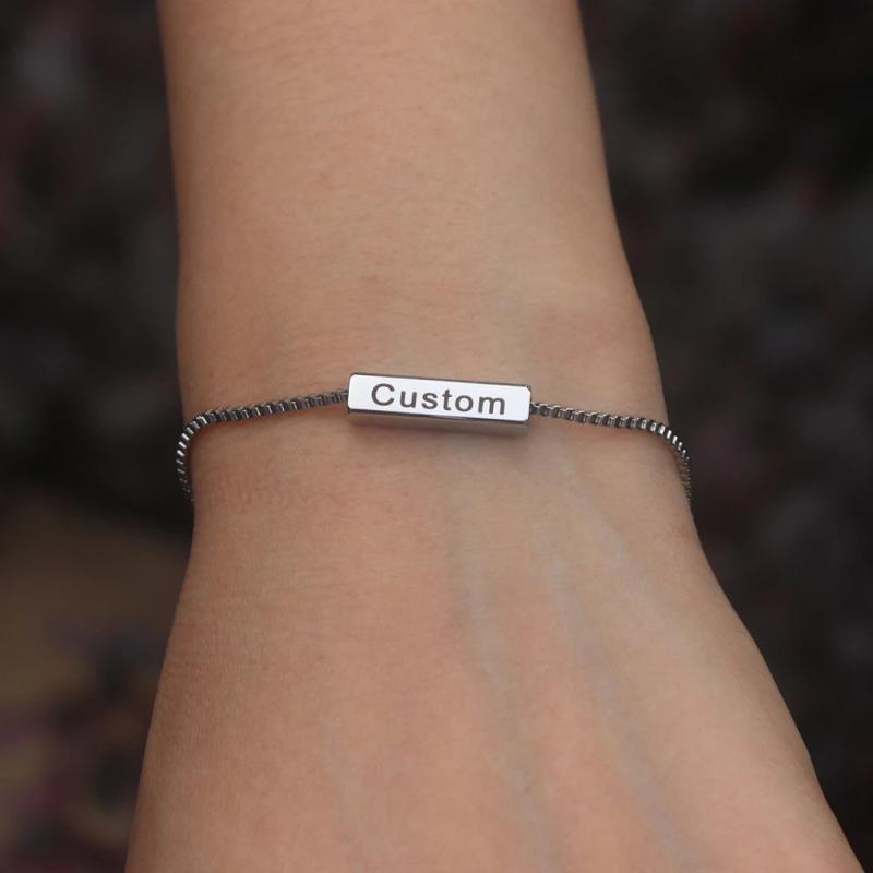 Personalized Silver Nameplate Bar Bracelet Engraved Initial Bangle Women