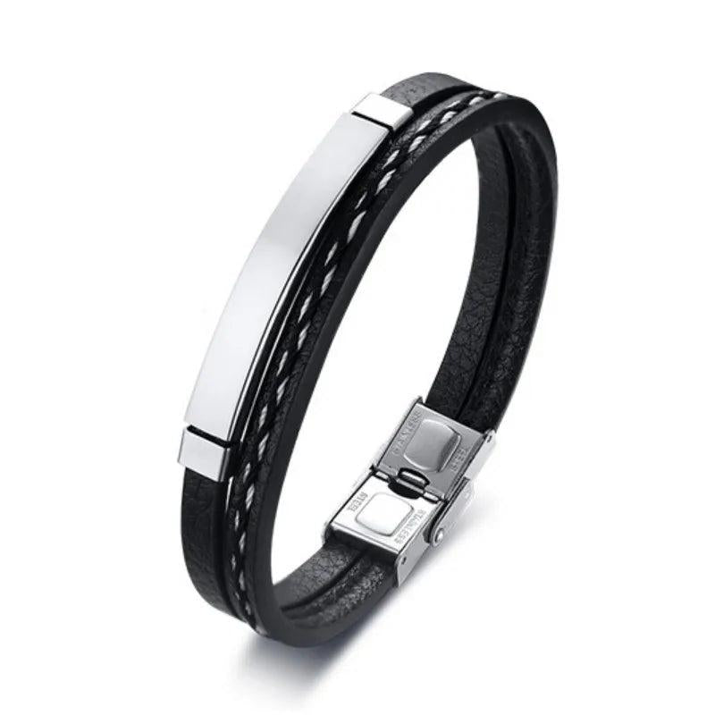 SHOUMAN Personalized Name Couple Leather Bracelet Stainless Steel