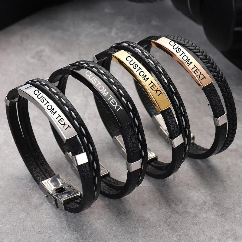 Personalized Layer Leather Bracelet for Men Engraved Stainless Steel