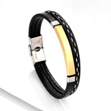 Personalized Layer Leather Bracelet for Men Engraved Stainless Steel
