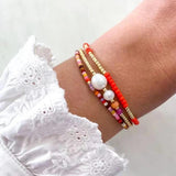Bohemian Seed Bead Adjustable Bracelet with Freshwater Pearl - Colorful Bangle
