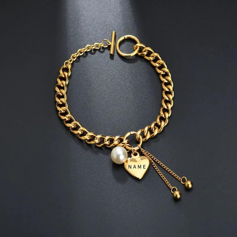 Stainless Steel Personalized Name Letter Engraved Heart Bracelet
