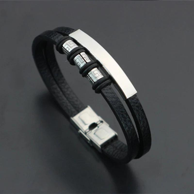 Men's Leather Bracelet with 3 Beads, Personalized Engraved Name and Date