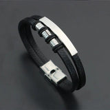 Men's Leather Bracelet with 3 Beads, Personalized Engraved Name and Date