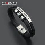 Men's Leather Bracelet with 3 Beads, Personalized Engraved Name and Date