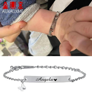 Personalized Baby Name ID Bar Bracelet Stainless Steel Silver Bangle