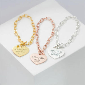 316L Silver Heart Shaped Carved Chain Bracelet Name Jewelry