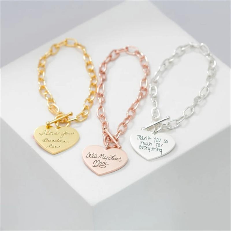 316L Silver Heart Shaped Carved Chain Bracelet Name Jewelry