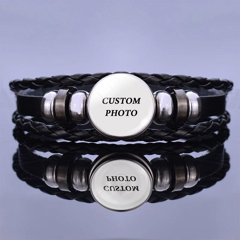 Personalized Photo Leather Bracelet Adjustable Button Bracelet