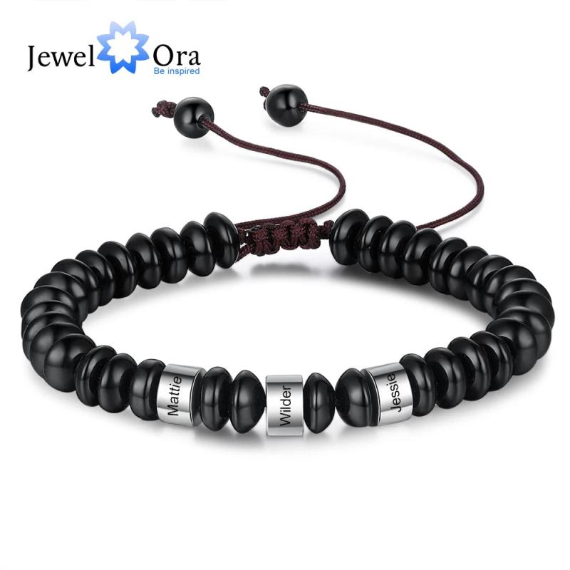 Personalized Stainless Steel Beaded Chain Bracelet Name Engraving Men Gift