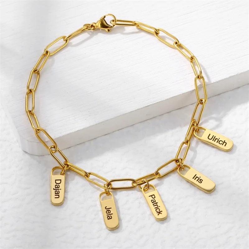 Personalized Stainless Steel Hang Tag Bracelet Engraved Name Letter ID Bangle
