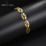 Personalized Leaves & Stones Bracelet Stainless Steel Engraved Names for Women