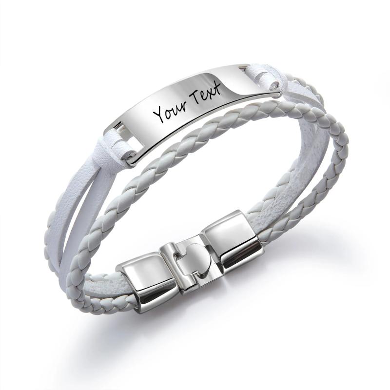 Custom Text Men's Leather Bracelet Stainless Steel