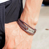 Custom Text Men's Leather Bracelet Stainless Steel