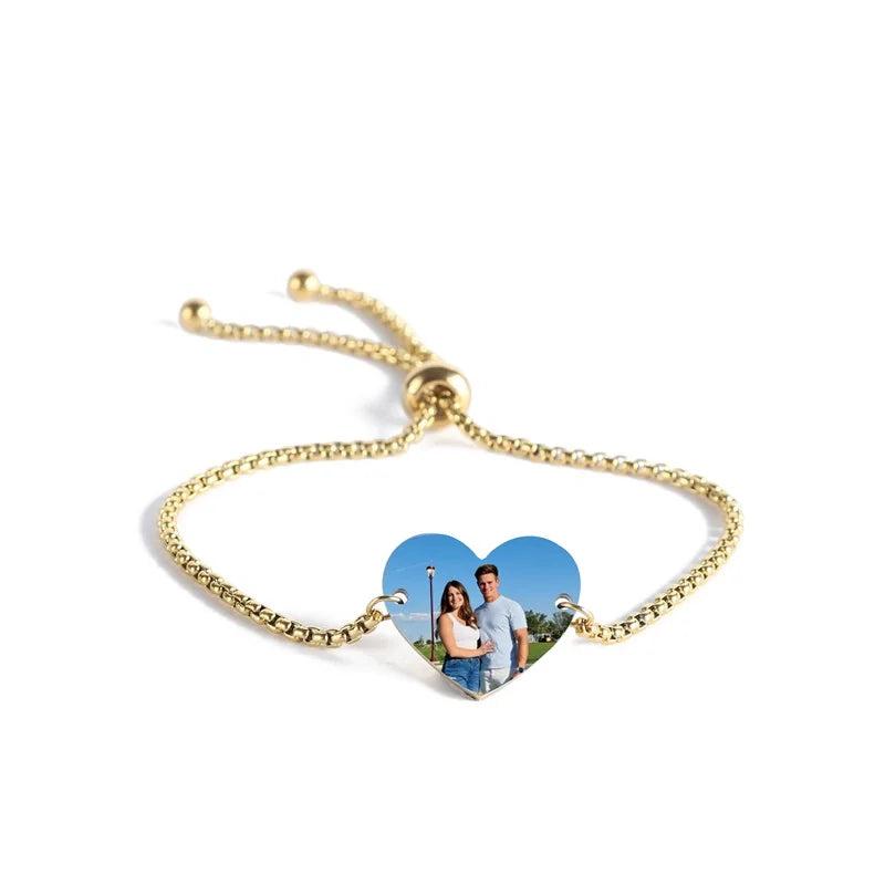 Personalized Name Photo Bracelet Stainless Steel Heart ID Tag Couple Jewelry