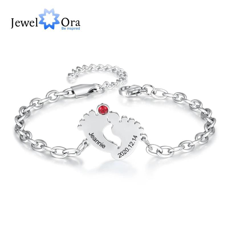 Personalized Baby Feet Charm Bracelet with Name, Date & Birthstone
