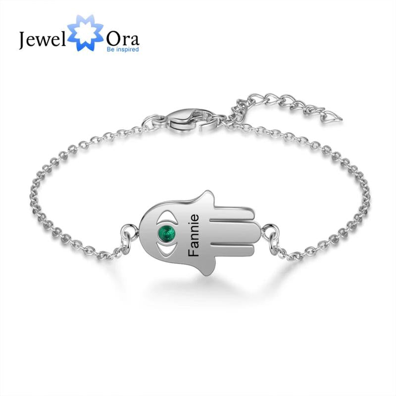 Personalized Good Luck Fatima Hand Bracelet with Birthstone Engraving Name