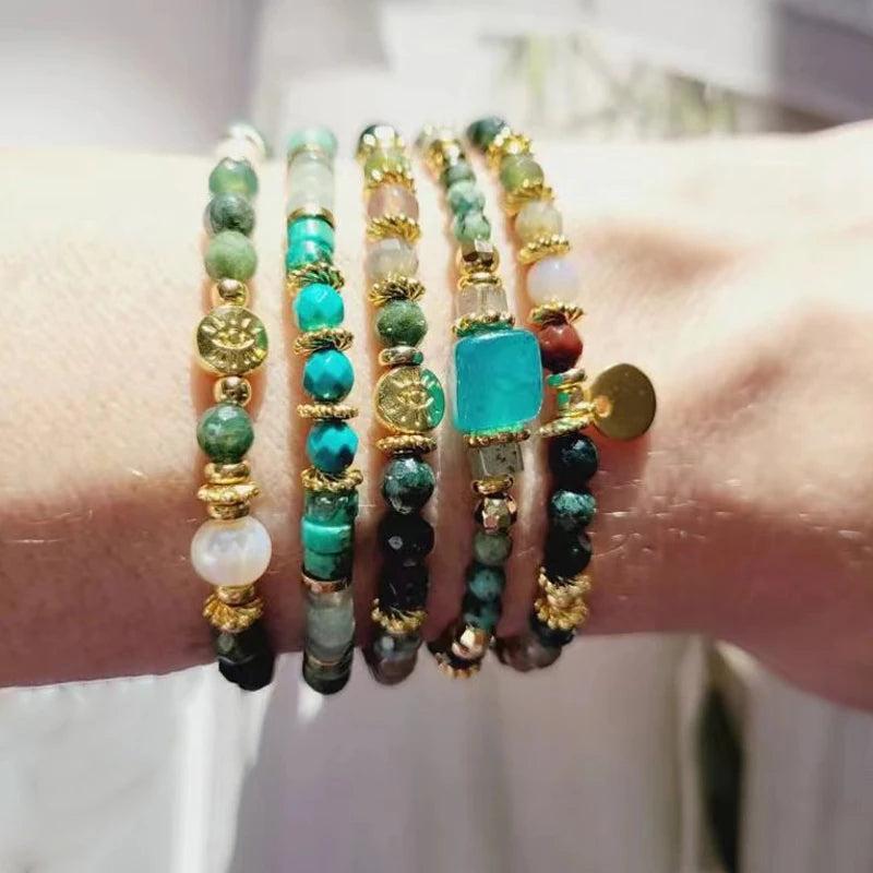 Indian Agate Beads Mix-match Bracelet Adjustable Summer Beach Jewelry
