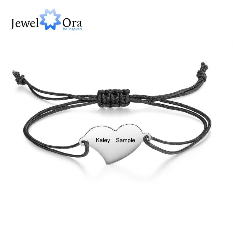 Personalized Heart Bracelet with Engraved Names - Stainless Steel Rope Jewelry