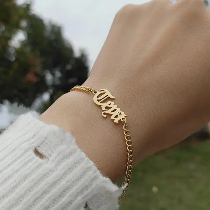 Stainless Steel Old English Name Bracelet for Women