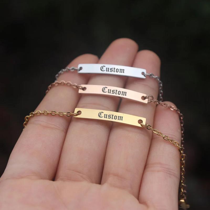 Personalized Name Bar Bracelet Stainless Steel Engraved Adjustable Cuff Bangle