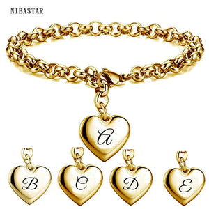 Golden Stainless Steel Love Heart Bracelet with Letters Charm for Girls Birthday