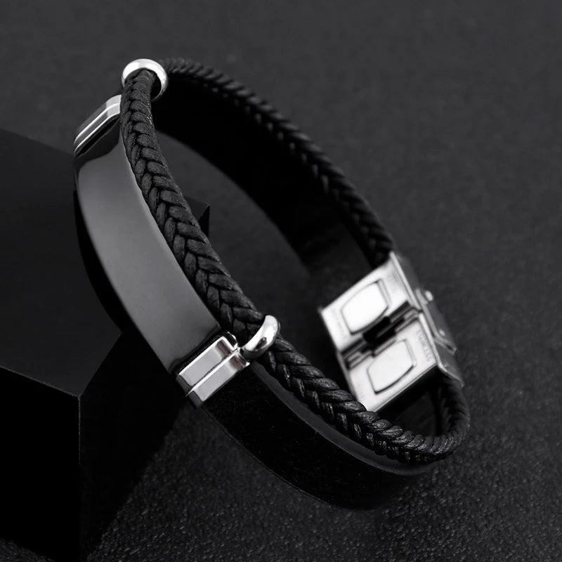 XIDNT Leather Bracelet Engraved Men's Steel Braided Wristband