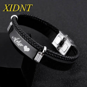 XIDNT Leather Bracelet Engraved Men's Steel Braided Wristband