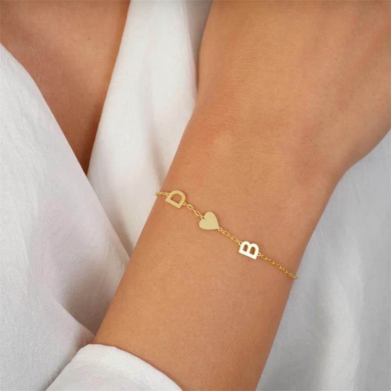 Personalized Initial Letter & Heart Bracelet - Stainless Steel Couple Jewelry