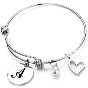 Stainless Steel Woman Bracelet Adjustable Letter Round Pendant Bangle