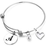Stainless Steel Woman Bracelet Adjustable Letter Round Pendant Bangle