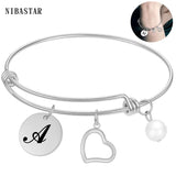 Stainless Steel Woman Bracelet Adjustable Letter Round Pendant Bangle