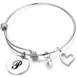 Stainless Steel Woman Bracelet Adjustable Letter Round Pendant Bangle