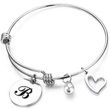 Stainless Steel Woman Bracelet Adjustable Letter Round Pendant Bangle