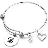 Stainless Steel Woman Bracelet Adjustable Letter Round Pendant Bangle