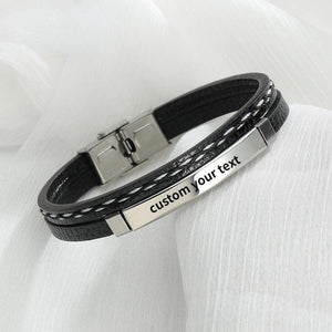 Personalized Stainless Steel Mirror Bracelet with Vintage Woven Leather